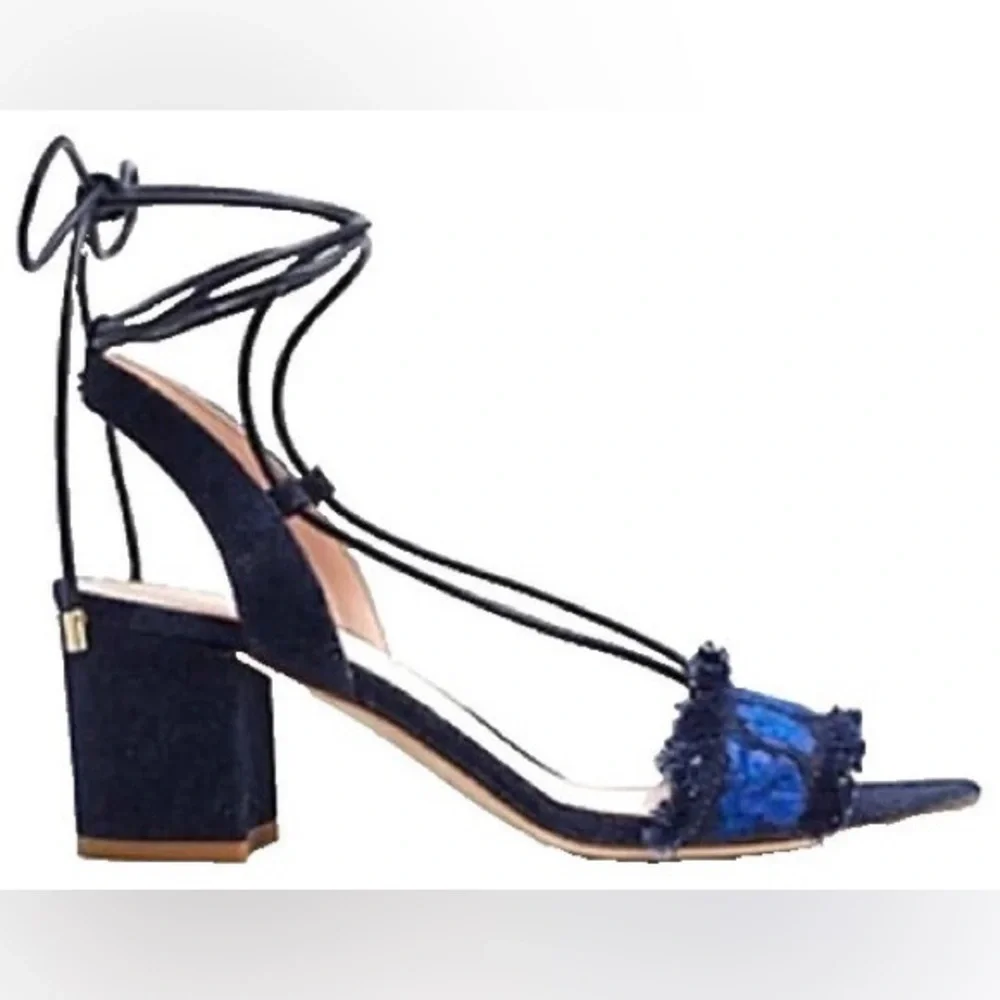New Kate Spade Embroidered Denim Ankle Tie Block Heels Sandals Women’s Size 6